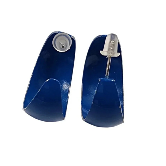 Vintage Blue Enamel Half Hoop Earrings - Picture 2 of 2